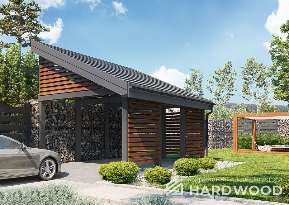 Навес для автомобиля из дерева с односкатной крышей №112 - фото 1031